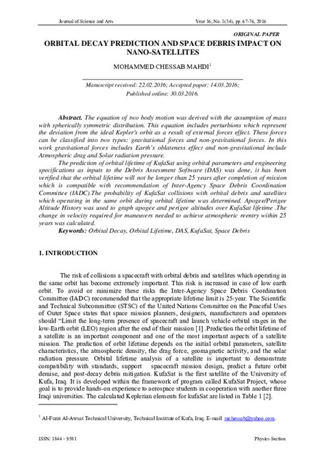 (PDF) ORBITAL DECAY PREDICTION AND SPACE DEBRIS IMPACT ON NANO-SATELLITES | Mohammad Chessab ...