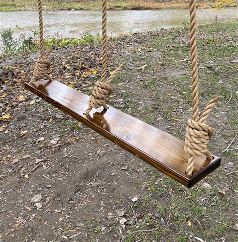 Double Swing Wooden Rope Swing Dark Wood Tree Swing Etsy