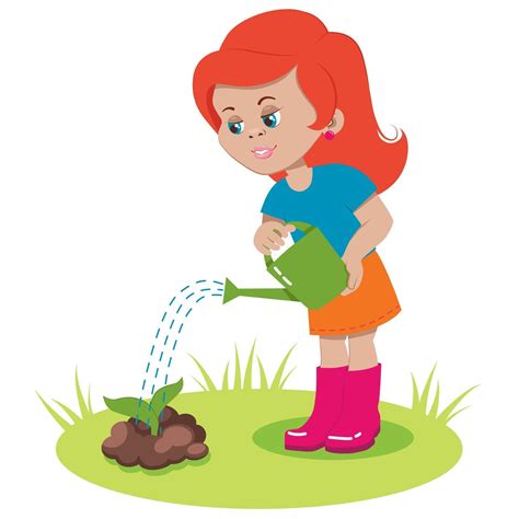 The girl is watering the plants in the garden from a watering can. The ...