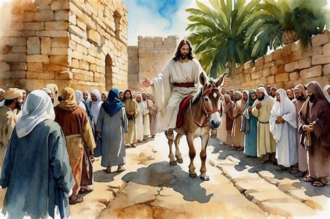 Premium Photo Jesus Entering In Jerusalem On A Donkey Welcomed By The