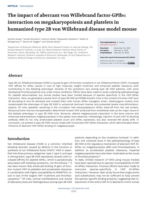 Pdf The Impact Of Aberrant Von Willebrand Factor Gpibα Interaction On Megakaryopoiesis And