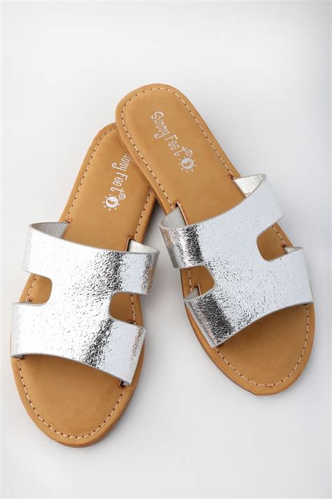 Cute Slide Sandals Silver Slide Sandals Slip On Sandals Lulus