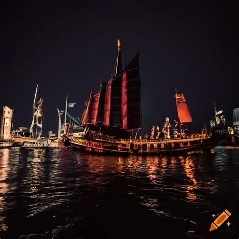 Ancient Chinese Junk Ship Sailing Into A Busy Harbor