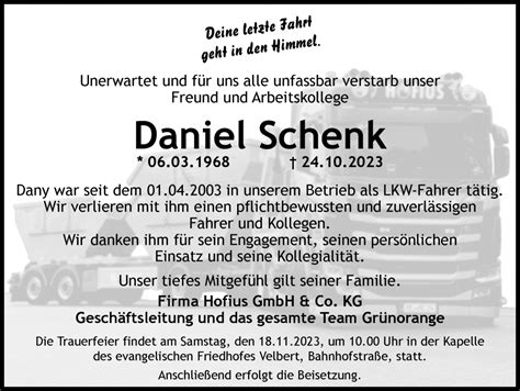 Traueranzeigen Von Daniel Schenk Trauer In Nrw De