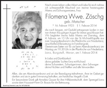 Traueranzeigen von Filomena Zöschg Trauer bz