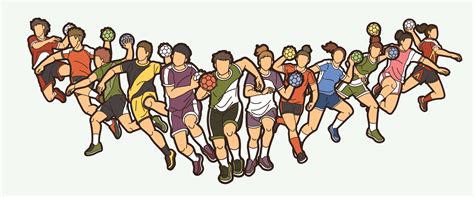 Group Of Handball Players Male And Female Mix Action Cartoon Sport