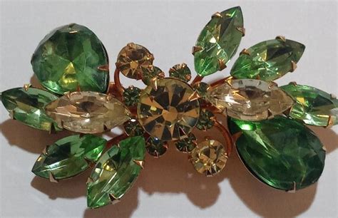 Green Pale Yellow And Green Mid Century Rhinestone Broo… Gem