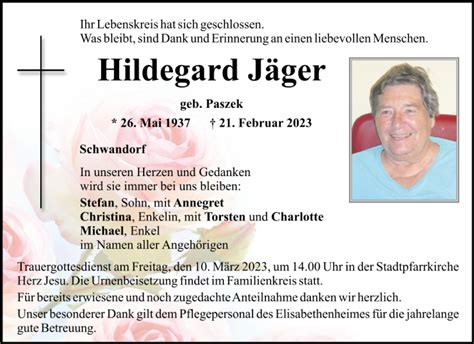 Traueranzeigen von Hildegard Jäger Mittelbayerische Trauer