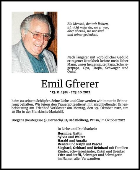 Todesanzeigen Von Emil Gfrerer Todesanzeigen Vorarlberger Nachrichten