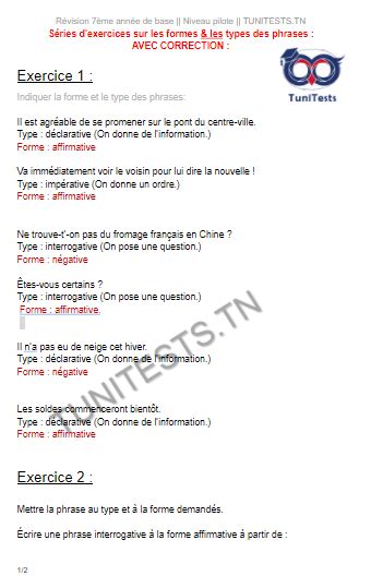 Les Formes Et Les Types Des Phrases Exercices Corriges Tunitests Tn Devoirat Corrigés École