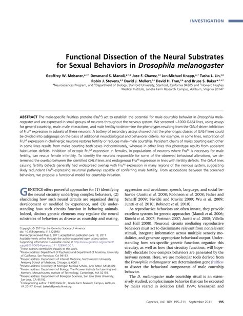 Pdf Functional Dissection Of The Neural Substrates For Sexual Behaviors In Drosophila Melanogaster