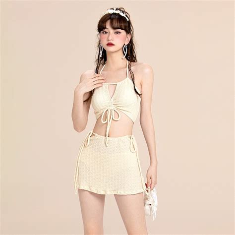 Bikini đồ bơi cho nữ set 3 chi tiết cổ yếm hở vai hở lưng sexy rút nơ ngực quần kèm chân váy