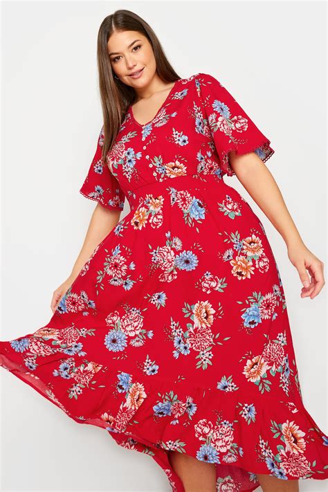 Yours Plus Size Red Floral Print High Low Midi Dress Yours Clothing