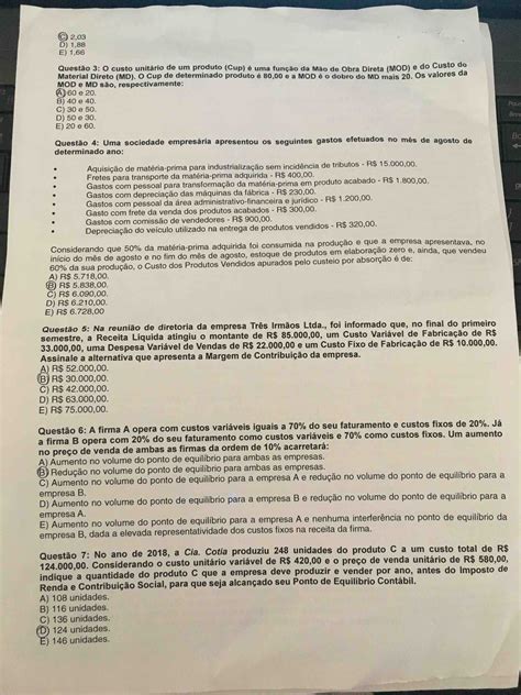 PROVA CUSTOS E PREÇOS unip Administração