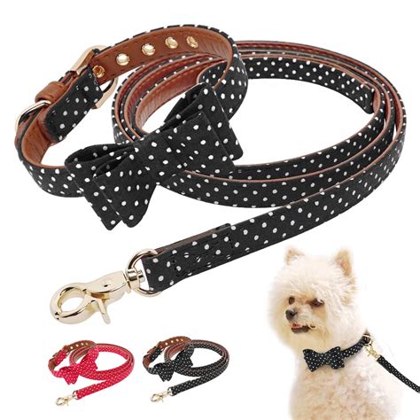 Puppy Dog Collar And Leash Set Leather Pet Cat Bowknot Collar Polka Dot