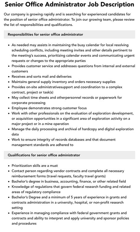 Senior Office Administrator Job Description Velvet Jobs