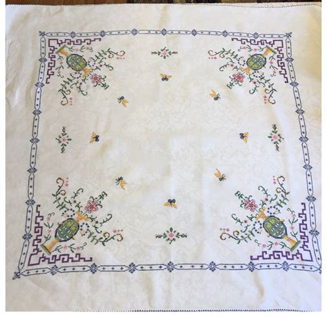 Vintage Cross Stitch Tablecloth Hand Embroidered 35 X 32 By