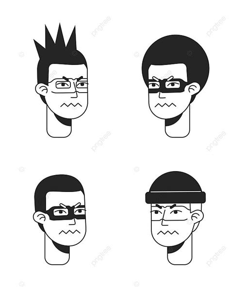 Pack Of Flat Monochromatic Vector Character Faces Depicting Men Showing Disgust And Anger Vector