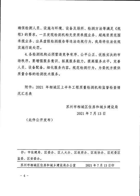 关于2021年相城区上半年度工程质量检测机构监督检查情况的通报 苏州市相城区人民政府