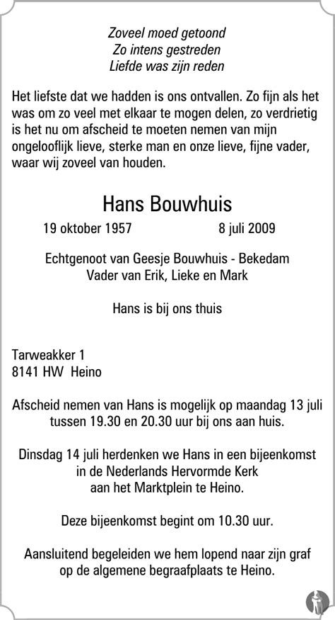 Hans Bouwhuis Overlijdensbericht En Condoleances Mensenlinq Nl