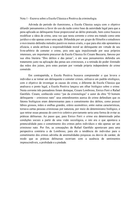 Avalia O Criminologia Nota Escreva Sobre A Escola Cl Ssica E