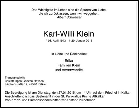 Traueranzeigen Von Karl Willi Klein Trauer In Nrw De