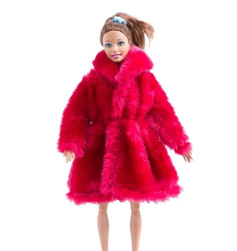 Fashion Pink Winter Fur Coat For Barbie Dolls Clothes Long Dress Outfit