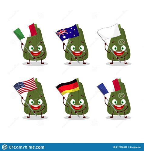 Squash Cartoon Character Bring The Flags Of Various Countries Stock