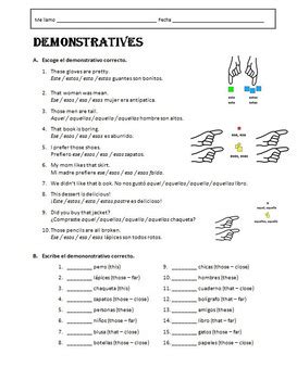 Spanish Demonstrative Adjectives Worksheet By Mundo Pequeno Tpt