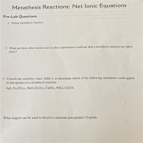 Solved Metathesis Reactions Net Ionic Equations Pre Lab