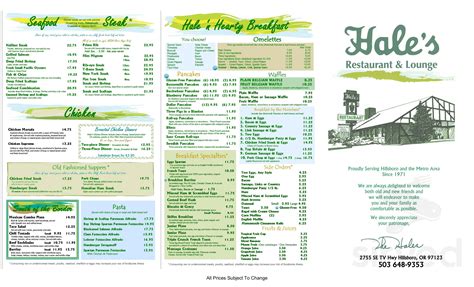 Hales Restaurant And Lounge Menu In Hillsboro Oregon Usa