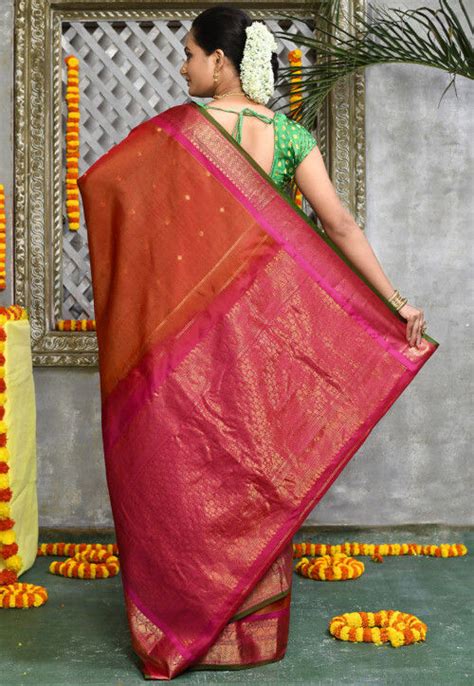 Buy Handloom Pure Silk Cotton Gadwal Saree In Rust Online Smua