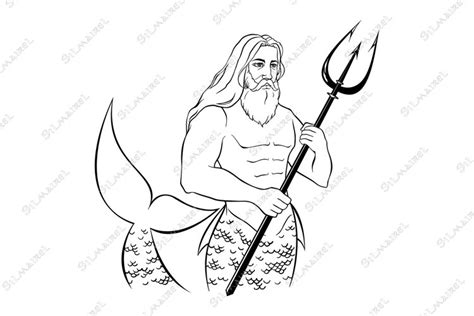 Poseidon, Neptune, Zeus - king God sketch vector line art