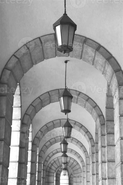 The Arched Stone Colonnade With Lanterns Concept Photo Urban