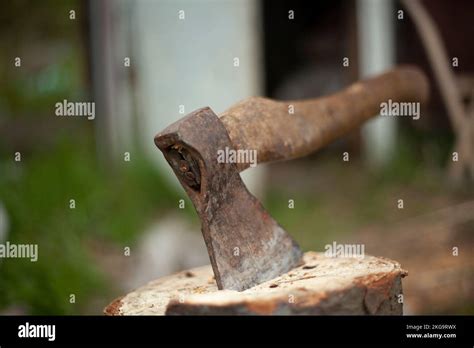 Axe In Log Axe For Chopping Firewood Garden Tool Old Rusty Axe Stock