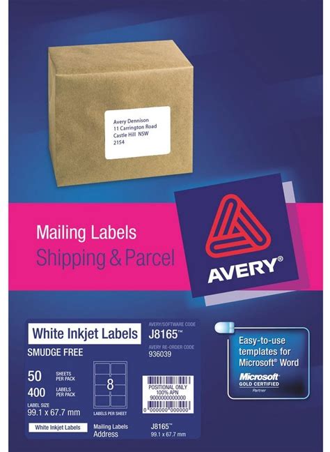 Inkjet Labels 8 Per Sheet J8165 White Permanent Avery 936039 Box 50