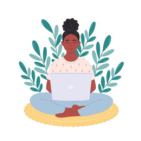 Premium Vector Black Woman Sitting With Laptop Woman Working On