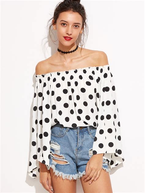 White Polka Dot Off The Shoulder Bell Sleeve Top EmmaCloth Women Fast