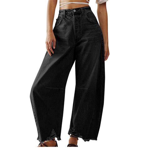 Hfyihgf Womens Casual Barrel Jean Pants Wide Leg Mid Waist Cropped Raw