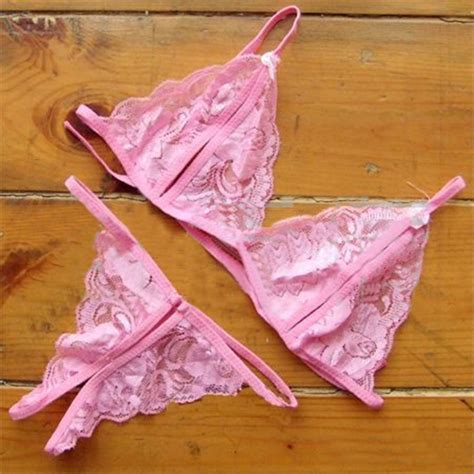 Charming Pink Floral Lace Lingerie Hollow Out Bra Panty Set N