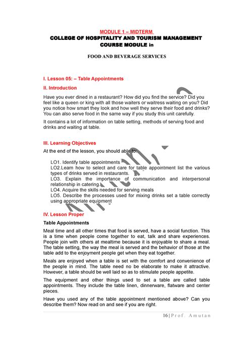 Lesson 5 Table Appointments MODULE 1 MIDTERM COLLEGE OF HOSPITALITY