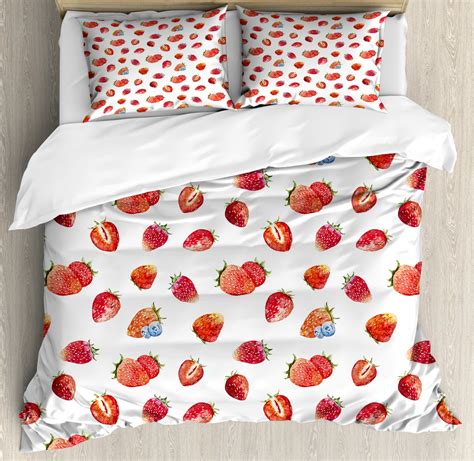 Watercolor Duvet Cover Set Queen Size Artful Pattern Ripe Strawberries