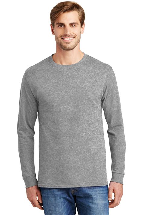 Hanes Tagless Cotton Long Sleeve T Shirt In Light Steel Add A Custom