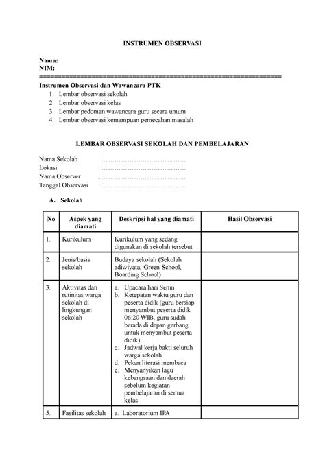 Contoh Lembar Observasi Instrumen Observasi Nama Nim Instrumen Observasi Dan Wawancara Ptk 1