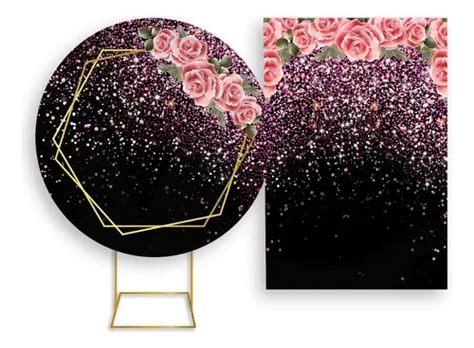 Painel Festa Redondo Vertical Efeito Glitter Rosa Floral 05