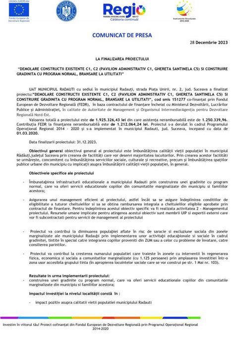 COMUNICAT DE PRESA LA FINALIZAREA PROIECTULUI DEMOLARE CONSTRUCTII