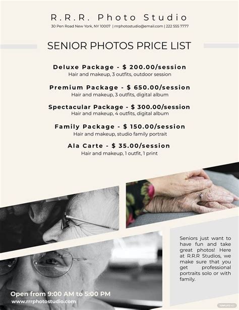 Modern Senior Portrait Pricing Guide Template In Illustrator Psd Word