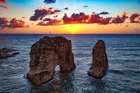 HD wallpaper: three brown rock formations, raouche rocks, beirut ...