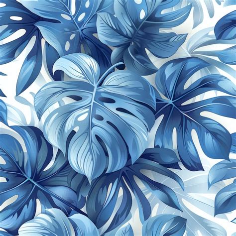 Blue Monstera Leaf Pattern Watercolor Illustration On White Premium