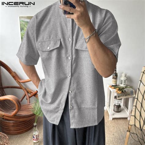 INCERUN Mens Short Sleeve Formal Woven O Neck Shirts Fragrant